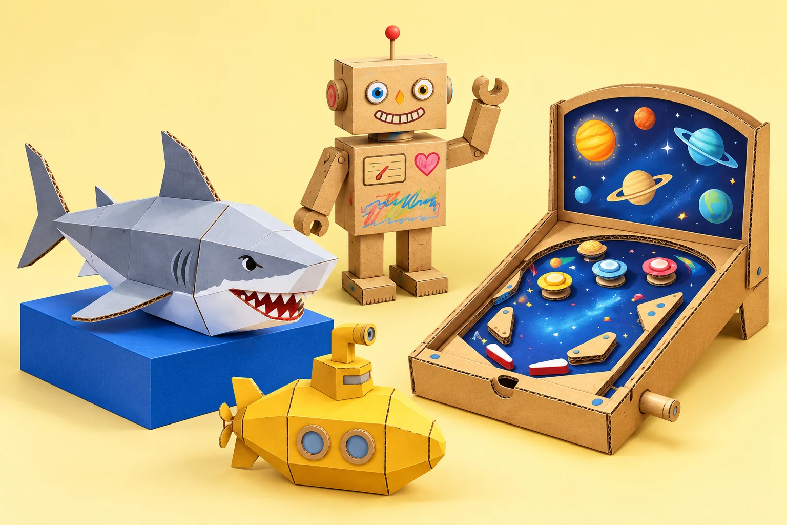 Our paper shark, submarine, crayon-decorated cardboard robot and Cosmic Pinball designs