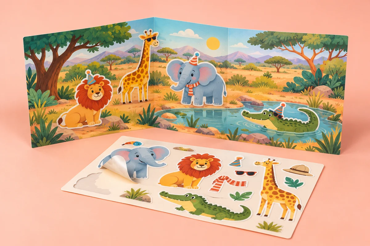 Animal sticker sheets and a colorful safari play scene with playful character accessories