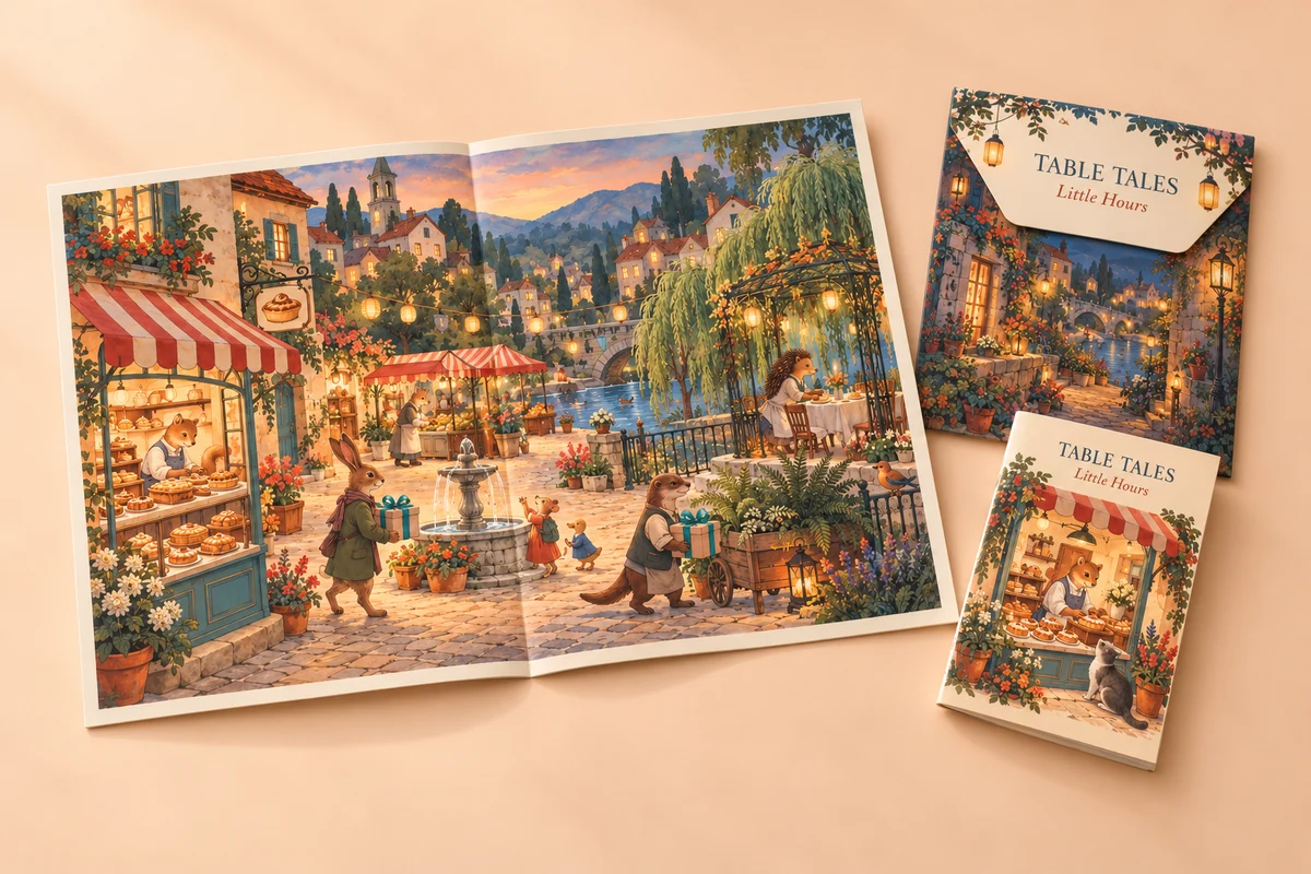Little Hours illustrated village foldout with a Table Tales wallet and clue casebook